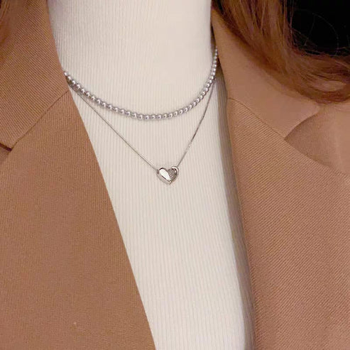Elegant Double Layer Heart Pearl Pendant Necklace – Women’s Party Jewelry & Gift Accessory